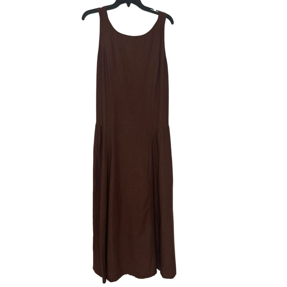 Japna Linen Blend Brown Smocked Drop Waist Midi Dress Pockets Boho Cottagecore L